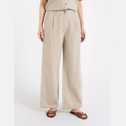 BEŻOWE damskie SPODNIE casual, KIESZENIE, z LNU i WISKOZY MORAJ